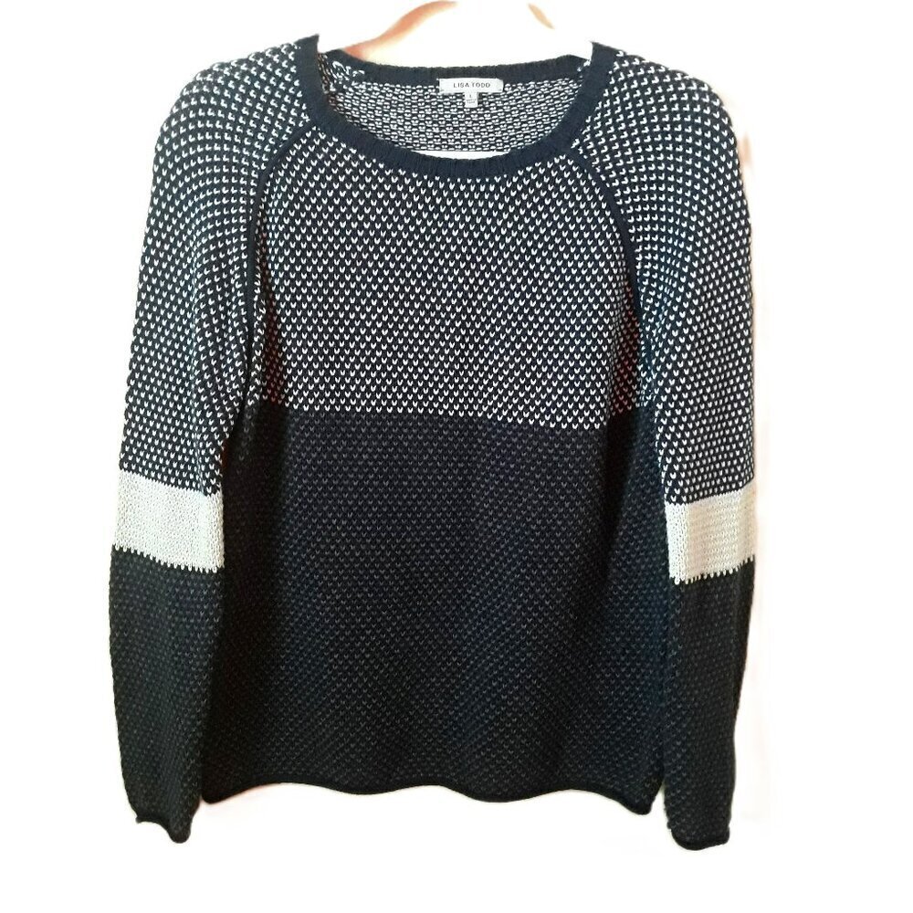 Lisa Todd Cotton Colorblock Blue Birdseye Sweater L Nautical Fall Beach Office